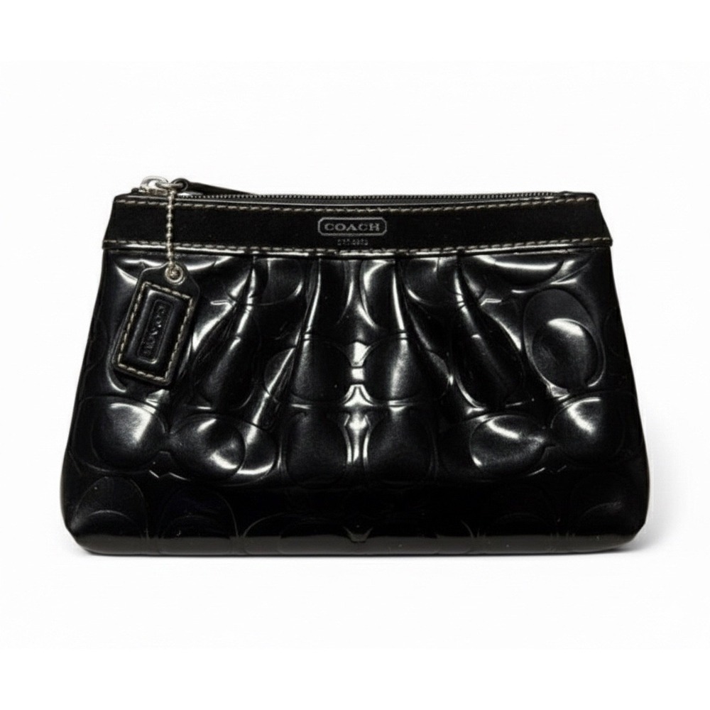 Coach Signature Stitch Black Patent Leather‎ Wristlet Wallet Clutch Basic